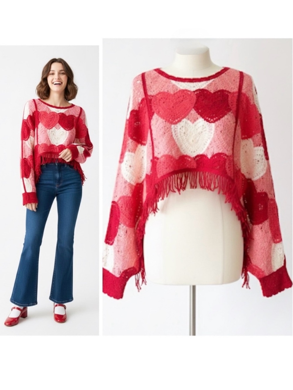 House of Harlow 1960 Red Pink Crochet Cropped Heart Fringe Knit Poncho Sweater